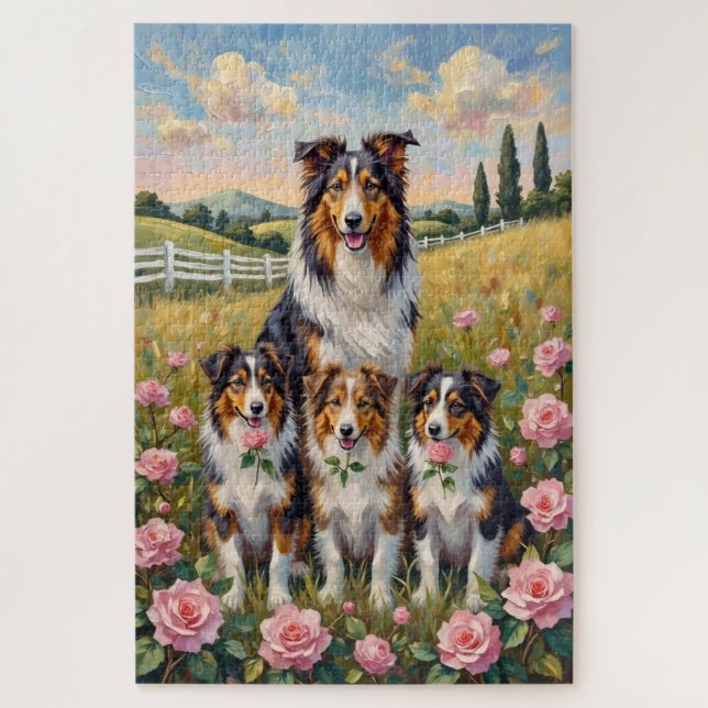 Quebra-cabeça Arte Rough Collie Rose Meadow (Vertical)
