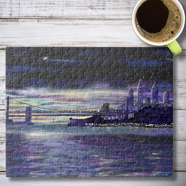 Quebra-cabeça Arte Sunset Roxa do Rio Manhattan, Rio Hudson (New York manhattan sunset artwork 252 piece jigsaw puzzle )
