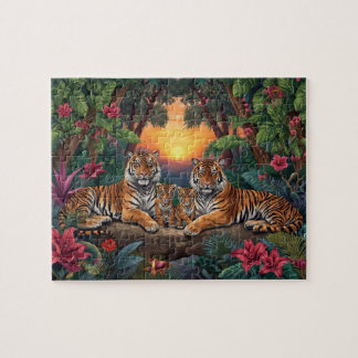 Quebra-cabeça Arte Tropical do Sunset da Família de Tigres na Se