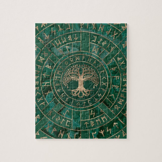 Quebra-cabeça Árvore da vida - Yggdrasil e Futhark - Malachite (Vertical)