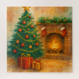 Quebra-cabeça Árvore de Natal aquarela & Lareira aconchegante de