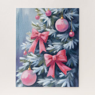 Quebra-cabeça Árvore de Natal Rosa Laços Enfeites Aquarela