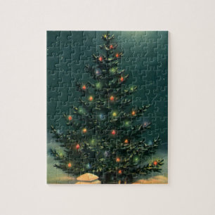Quebra-cabeça Árvore do natal vintage na noite com luzes