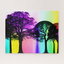 Quebra-cabeça Árvore Negra Silhuettes e Fundo Arco-íris