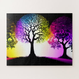Quebra-cabeça Árvore Silhuettes com o Rainbow Sky Flare