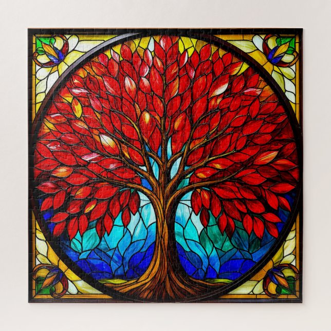 Quebra-cabeça Árvore Vermelha Vibrante em Arte de Vidro Estampad (Vertical)