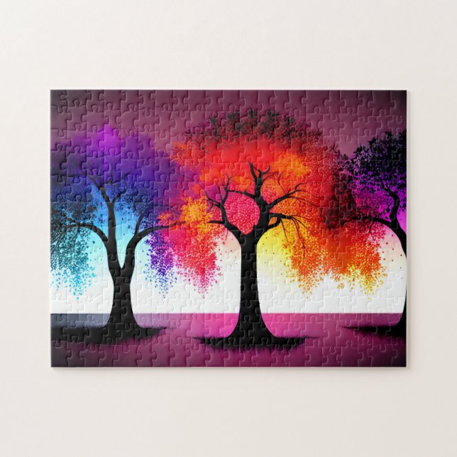 Quebra-cabeça Árvores abstrato púrpura de silhueta amarela preta (Horizontal)