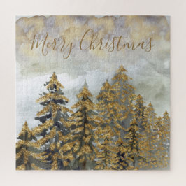 Quebra-cabeça Árvores de Natal Verdes Ouros Festivas