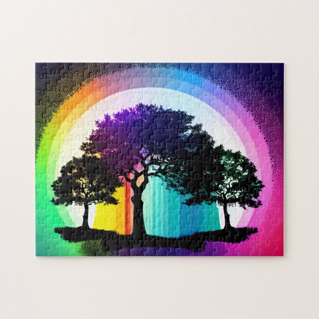 Quebra-cabeça Árvores de Silhueta Pretas e Fundo do Arco-Íris (Horizontal)