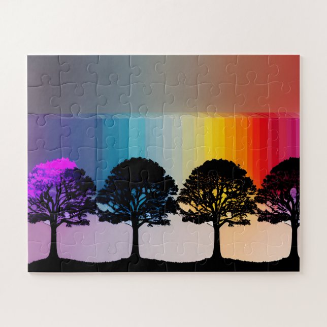 Quebra-cabeça Árvores de Silhueta Pretas Roxo Deixa Cerca Arco-Í (Horizontal)