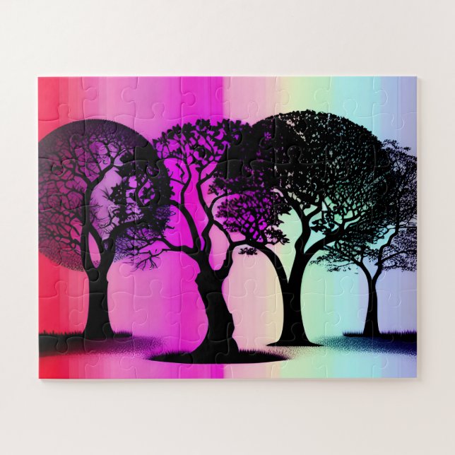 Quebra-cabeça Árvores Silhueta com Fundo de Pastel Rosa (Horizontal)