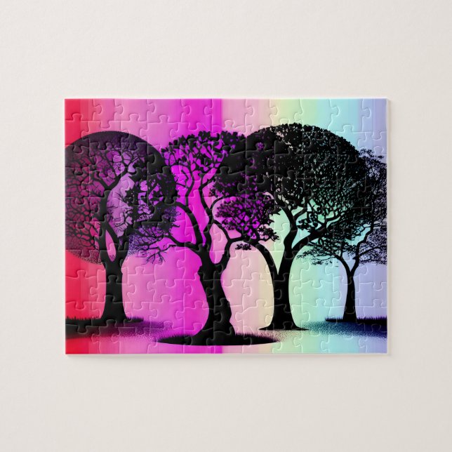 Quebra-cabeça Árvores Silhueta com Padrões de Pastel em Segundo  (Horizontal)