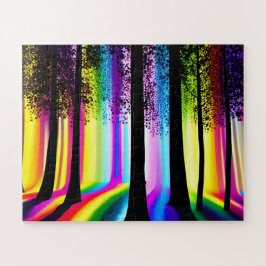 Quebra-cabeça Árvores Silhuetas na Floresta Encantada Arco-íris