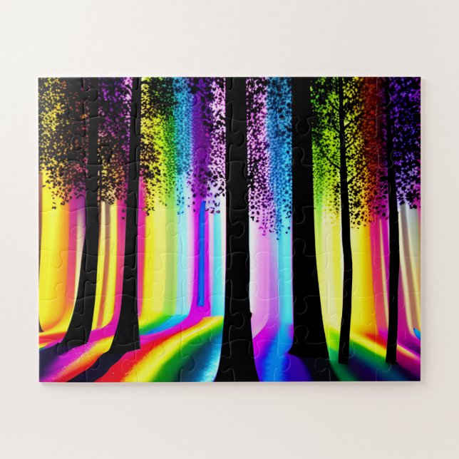 Quebra-cabeça Árvores Silhuetas na Floresta Encantada Arco-íris (Horizontal)