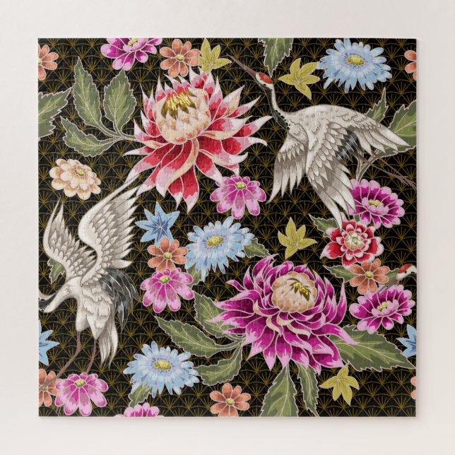 Quebra-cabeça Asters Cranes: Estilo Japonês Pintado Sem Costura (Vertical)