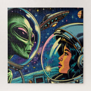 Quebra-cabeça Astronauta Mulher Encontra Alienígena Extraterrest