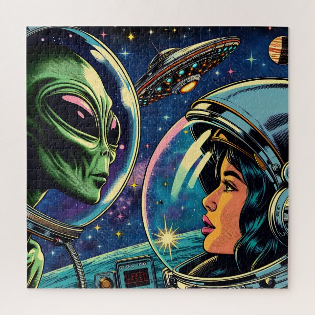 Quebra-cabeça Astronauta Mulher Encontra Alienígena Extraterrest (Vertical)