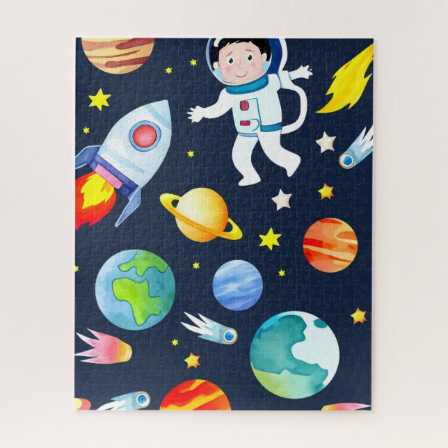 Quebra-cabeça Astronauta no Espaço Planetas e Foguetes Padrão (Vertical)