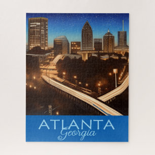 Quebra-cabeça Atlanta Georgia Skyline Blue e Dourada Noite