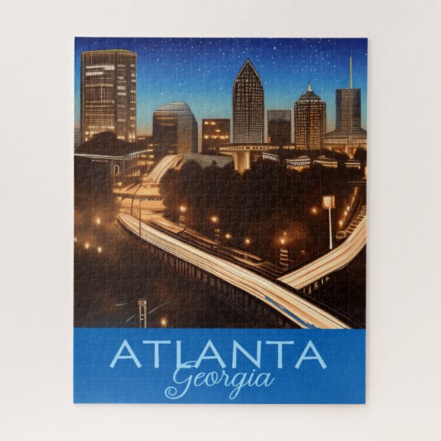 Quebra-cabeça Atlanta Georgia Skyline Blue e Dourada Noite (Vertical)