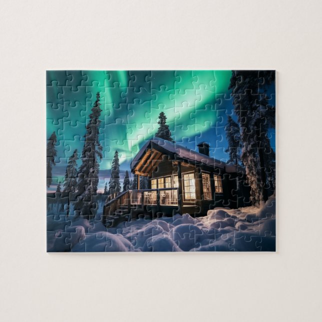 Quebra-cabeça Aurora borealis sobre a cabana de inverno (Horizontal)