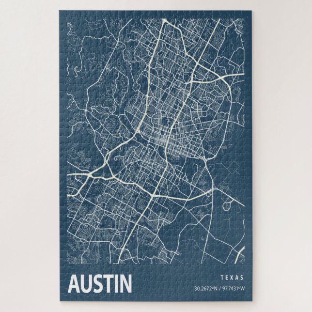 Quebra-cabeça Austin Texas City Map Line Art Blue Impressão (Vertical)