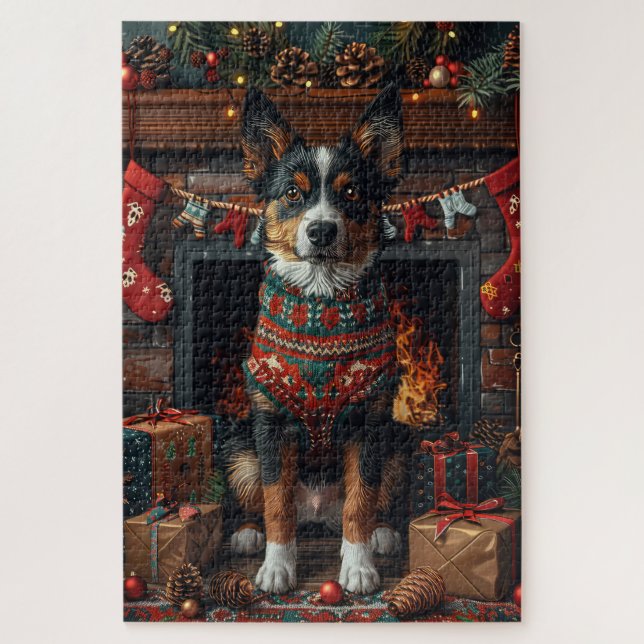 Quebra-cabeça Australian Kelpie com Presentes de Natal Lareira (Vertical)