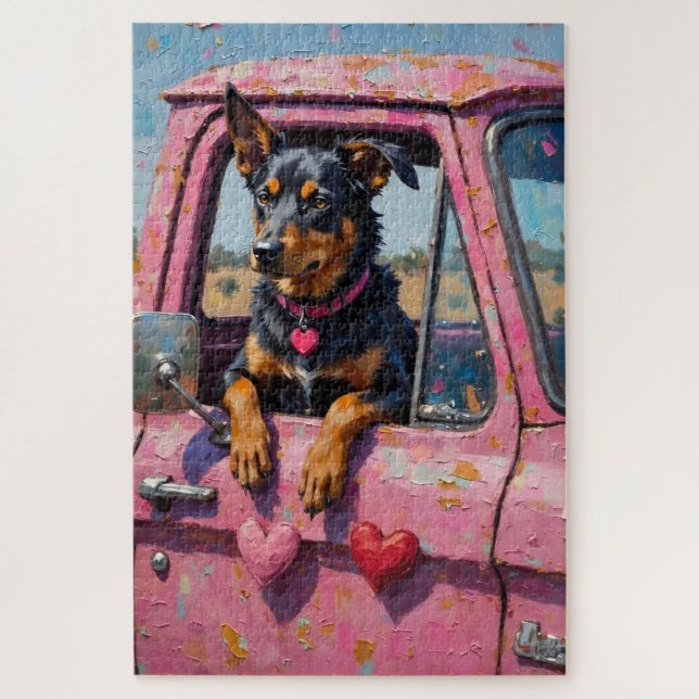 Quebra-cabeça Australian Kelpie Dog Valentine's Day Pink Ute (Vertical)