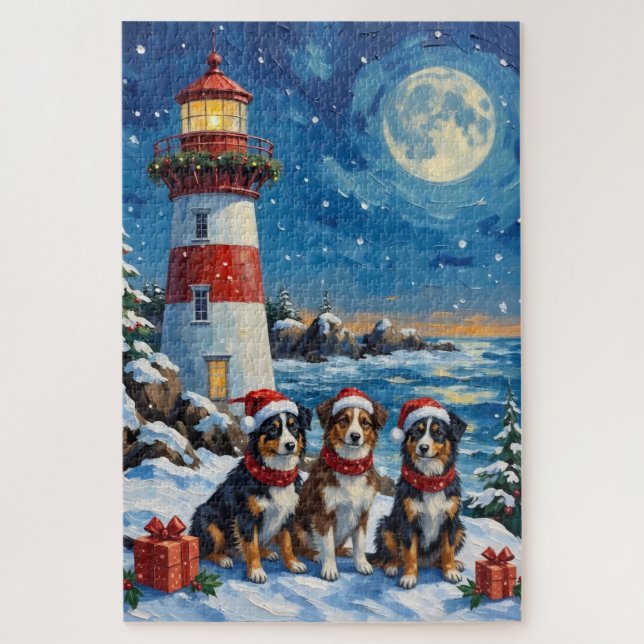 Quebra-cabeça Australian Shepherd Christmas Lighthouse Holiday (Vertical)