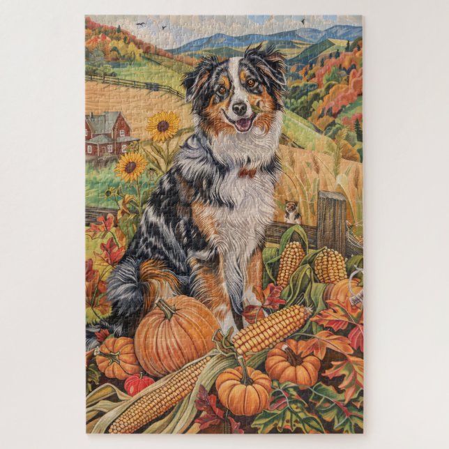 Quebra-cabeça Australian Shepherd Colheita de Outono Dia de Ação (Vertical)