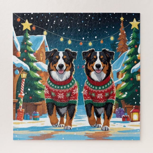 Quebra-cabeça Australian Shepherd Dogs Christmas Snow Holiday (Vertical)