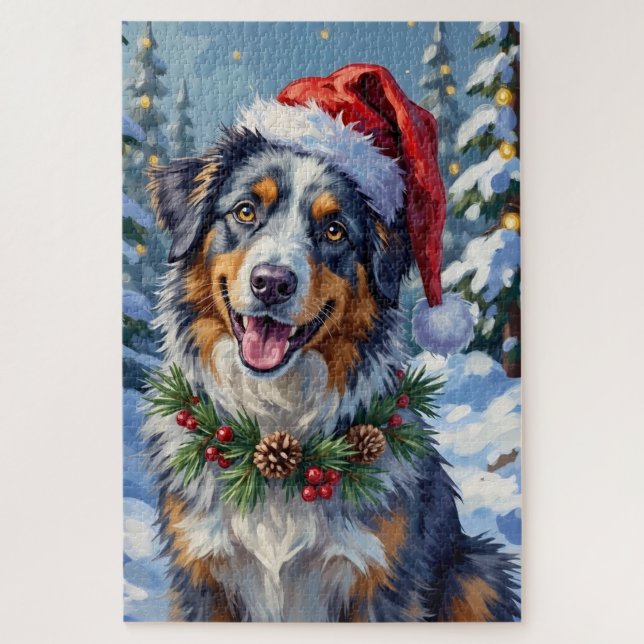 Quebra-cabeça Australian Shepherd Merle Winter Christmas Art (Vertical)