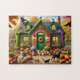 Quebra-cabeça Autumn Cozy Cottage Cats Pumpkins