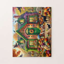 Quebra-cabeça Autumn Cozy Cottage Cats Pumpkins