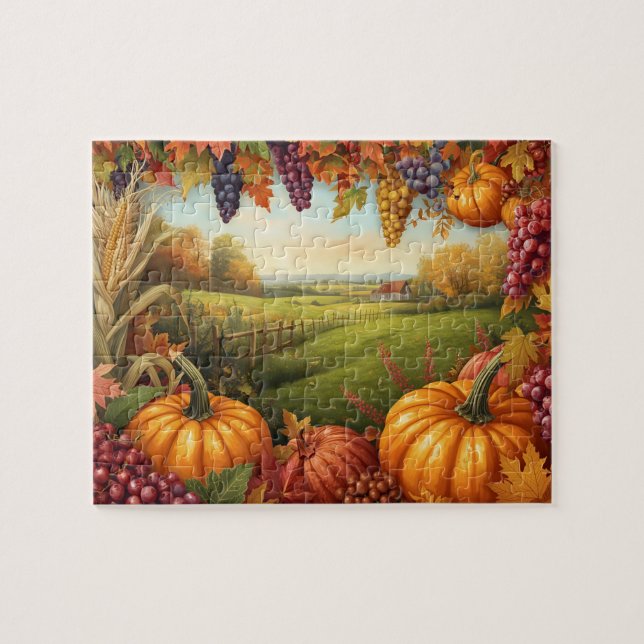 Quebra-cabeça Autumn Harvest Pumpkin Grape Farm Landscape (Horizontal)