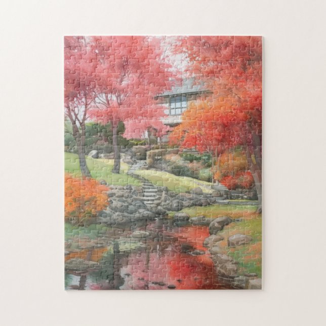 Quebra-cabeça Autumn Japonês Modern Garden Watercolor (Vertical)
