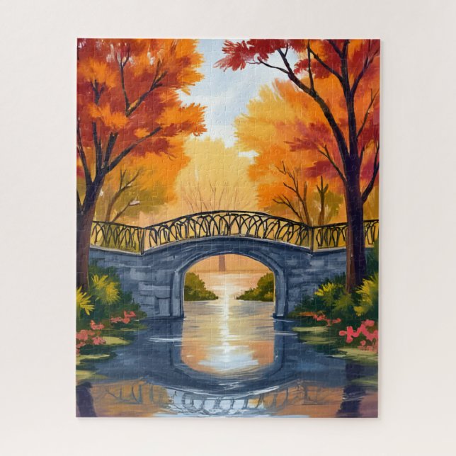 Quebra-cabeça Autumn Park Bridge | Fall Foliage Watercolor (Vertical)
