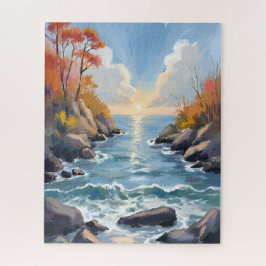 Quebra-cabeça Autumn River Sunlight Fall Landscape Watercolor