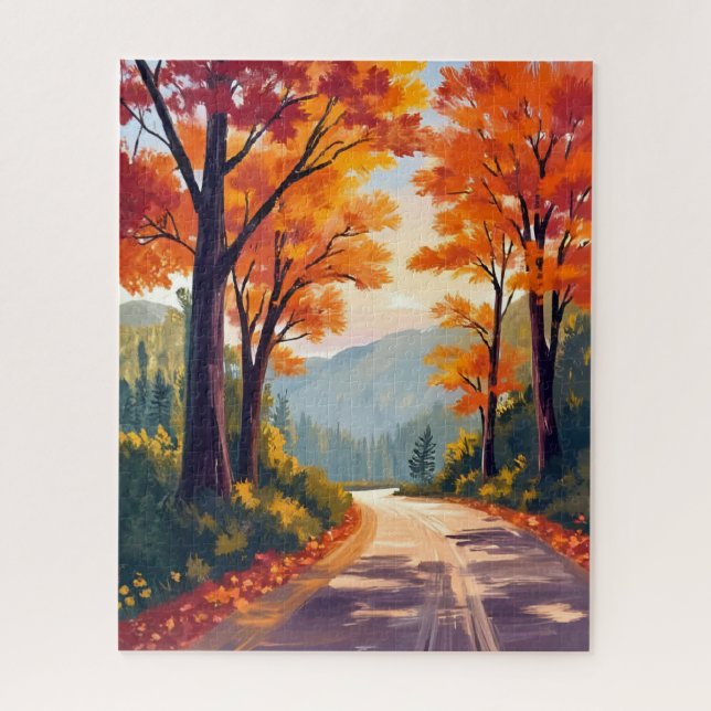 Quebra-cabeça Autumn Road | Watercolor Fall Foliage Leaves (Vertical)