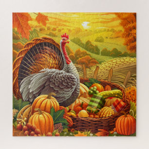 Quebra-cabeça Autumn Turkey Pumpkins Ação de Graças Quebra-cabeç