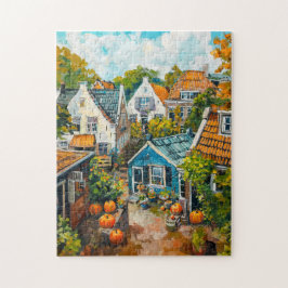 Quebra-cabeça Autumn Village with Pumpkins and Cottages Painting