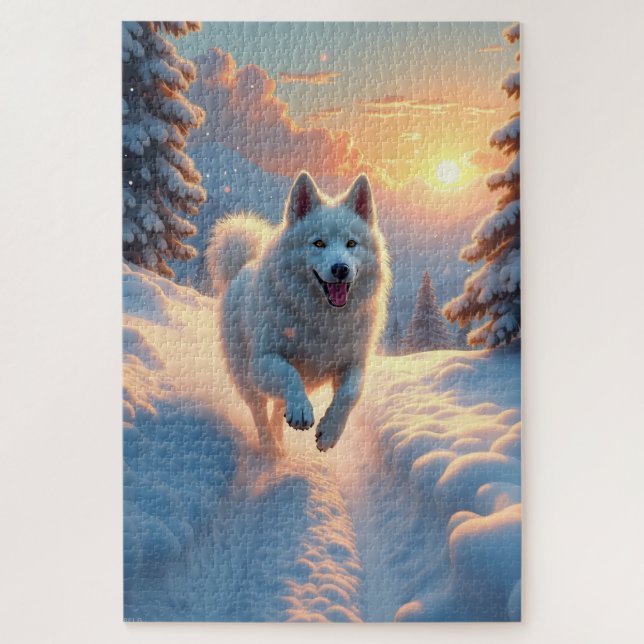 Quebra-cabeça Aventura Natalina de Samoyed na Montanha Nevada (Vertical)