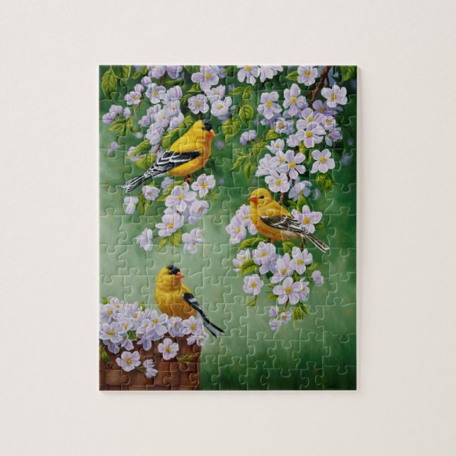 Quebra-cabeça Aves Goldfinch e Flores de Flor de Maçã (Vertical)