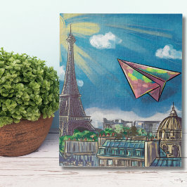 Quebra-cabeça Avião de Papel Colorido Voando Paris, Torre Eiffel