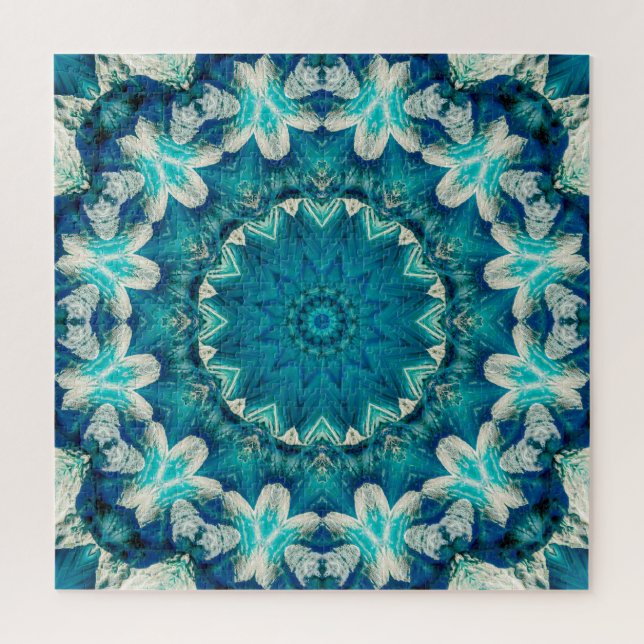 Quebra-cabeça Azul Aqua Mandala Rosette Retro Hippie (Vertical)