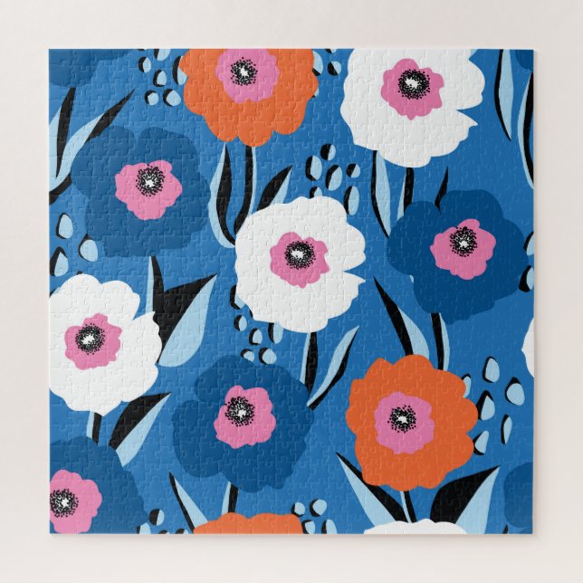 Quebra-cabeça Azul Branco Vermelho: Escandinavo Floral. (Vertical)