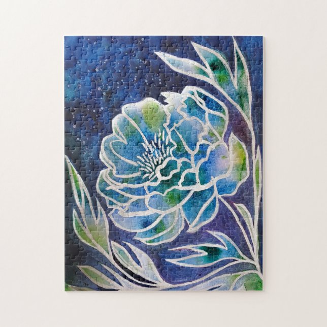 Quebra-cabeça Azul Dahlia Marinho artesanal Floral Aquarela (Vertical)