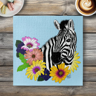 Quebra-cabeça Azul de Zebra Colorida Floral Fauna Margarida