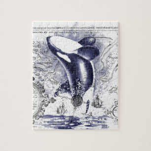 Quebra-cabeça Azul do mapa do vintage da baleia da orca