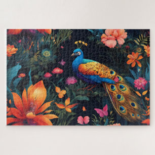 Quebra-cabeça Azul Elegante e Pavão Dourado no Jardim Colorido